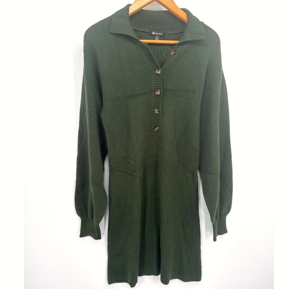 Versona Womens Sweater Dress M Green Ribbed Knit Long Sleeve Button Polo Mini